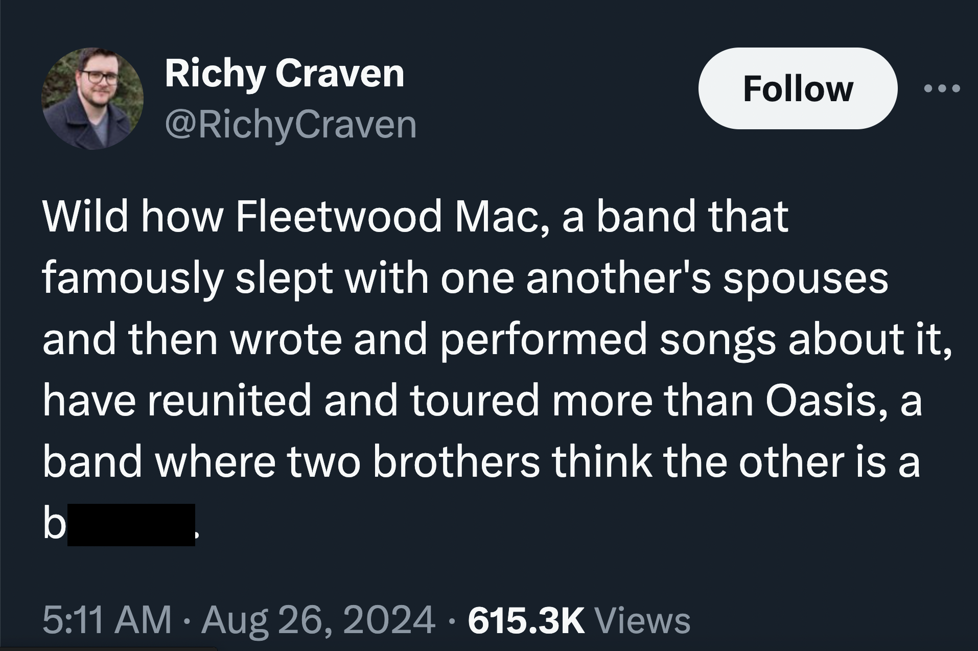 screenshot - Richy Craven Wild how Fleetwood Mac, a band that famously slept with one another's spouses and then wrote and performed songs about it, have reunited and toured more than Oasis, a band where two brothers think the other is a b Views